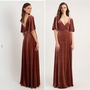 Jenny Yoo Marin Velvet Wrap Dress Womens 14 Maxi Length Flutter Sleeve Copper